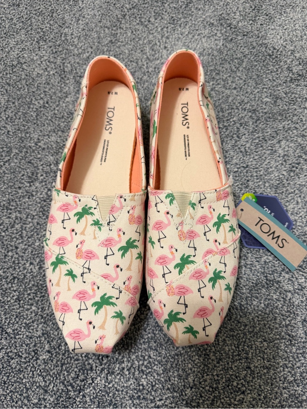 Toms Canvas Slip-On Flats with Pink Flamingo & Green Palm Print